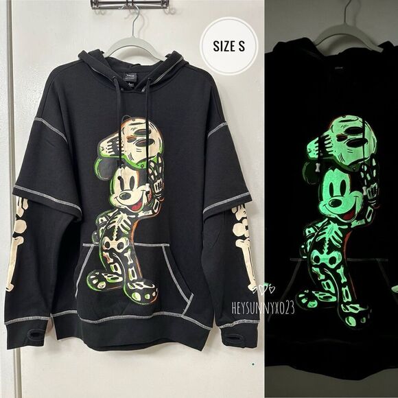 Disney Mickey Mouse Skeleton Halloween GITD Hoodie Jacket - Size Small - Picture 1 of 9